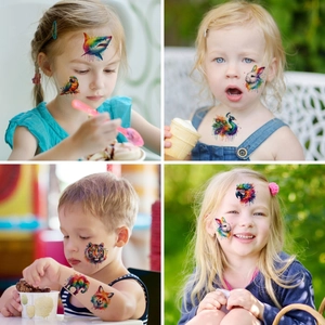 Colorful watercolor animal temporary tattoos for kids with tiger and parrot designs