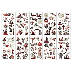 Luminous Halloween temporary tattoo set with spider and zombie designs, 10 sheets