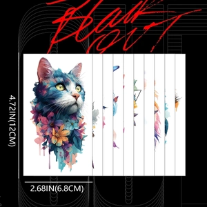 Colorful floral cat temporary tattoo stickers set with vibrant hand-drawn feline art