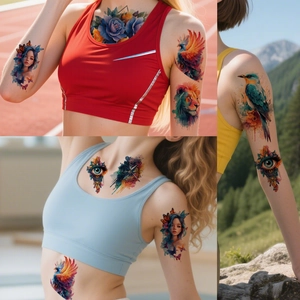 Waterproof tattoo stickers featuring colorful rose, lion, and owl designs for arms and body