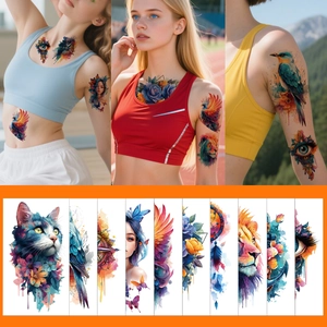 Detailed sheet of watercolor tattoo stickers featuring lions, birds, and floral art designs