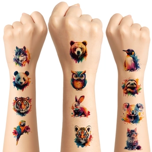 Vibrant watercolor animal temporary tattoos featuring panda and tiger for kids party