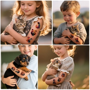 Colorful watercolor animal temporary tattoos for kids featuring lions, pandas and koalas