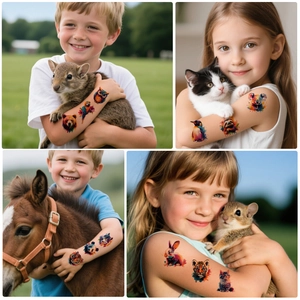 Watercolor animal temporary tattoos for kids featuring koala, panda, and tiger designs