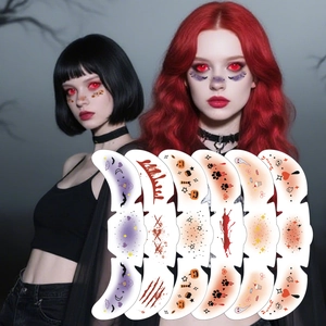 Detail view of 6 Halloween face tattoo designs featuring bats, pumpkins and blood splatters