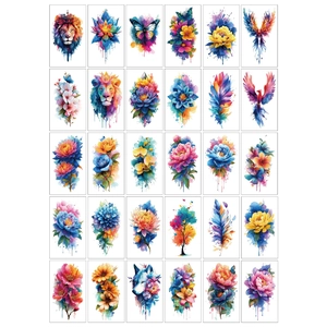 Set of 30 watercolor tattoo stickers featuring lions, wolves, flowers and butterflies
