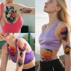Vibrant watercolor temporary tattoos with lion, wolf, and floral designs on skin
