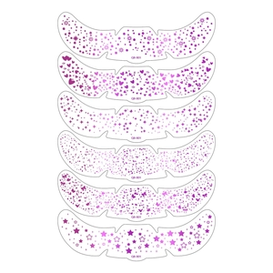 Détail des stickers faciaux QB-B01 avec motifs d'étoiles, cœurs et nœuds dégradés violets
