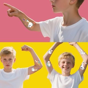Close-up of colorful cartoon goose temporary tattoos on child's arm for themed parties