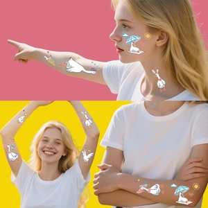 Funny cartoon goose temporary tattoos displayed on face and arm for party gifts