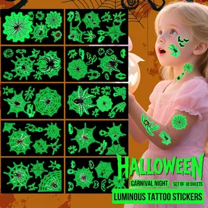 Halloween Luminous Temporary Tattoo Stickers Glow In The Dark Spider Web Pumpkin Ghost Party Body Art For Kids Adults