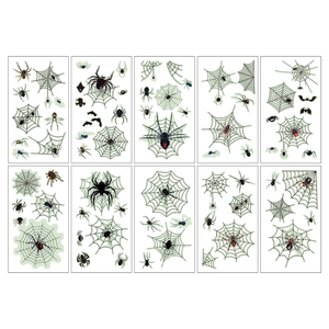 Luminous spider web temporary tattoos for Halloween with 10 green glow-in-the-dark sheets