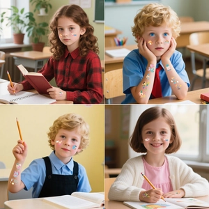Tatouages temporaires colorés pour enfants avec motifs animaux et arc-en-ciel à l'école