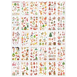 Detailed grid of 30 watercolor Christmas tattoo stickers with Santa and reindeer designs