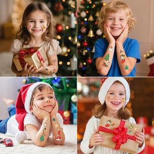 Christmas temporary tattoos for kids featuring Santa and reindeer on festive models