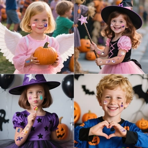 Bunte Halloween-Tattoos für Kinder mit Kürbissen, Geistern und Fledermäusen