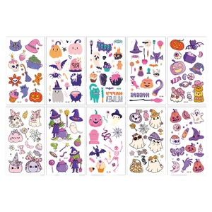 10er-Set bunte Halloween-Tattoos für Kinder mit Comic-Kürbissen und Geistern