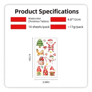 Cartoon Christmas temporary tattoo stickers for kids, 10 sheets set with Santa and Snowman