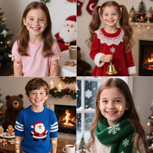 Christmas temporary tattoos for kids featuring colorful Santa, reindeer and snowman designs