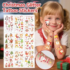 Tatouages Temporaires De Noël Paillettes Aquarelle Dessin Animé Père Noël Renne Motifs Autocollants De Corps Festifs Pour Enfants