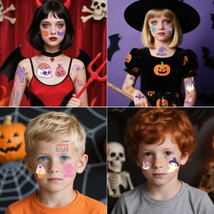 Glitter Halloween temporary tattoo set with pumpkin and ghost designs for party makeup