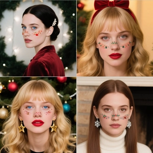 Weihnachts-Gesichtstattoos mit festlichen Bäumen und Schneeflocken für Make-up und Partys