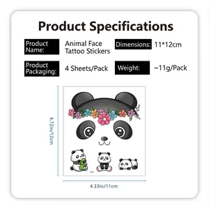 Panda face tattoo stickers for kids, 4-pack cute cartoon animal temporary face decals