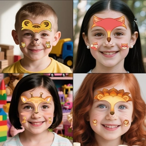 Kids animal face temporary tattoo stickers featuring lion, tiger, fox and giraffe designs