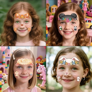 Set of cute animal face temporary tattoos for kids featuring cats, pandas and rabbits