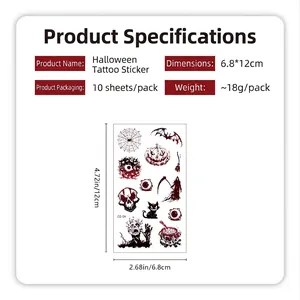 Tatouages temporaires 3D Halloween rouge foncé avec araignées et crânes pour décoration festive