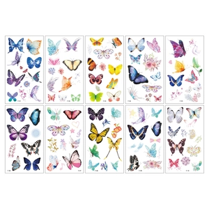 Set of 10 watercolor butterfly temporary tattoos with flowers and stars in grid layout