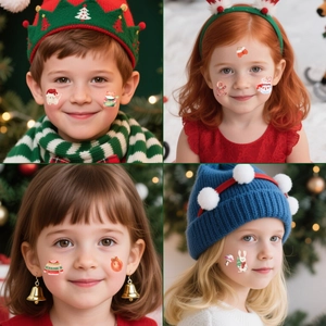 Christmas temporary face tattoos for kids featuring Santa Claus, snowmen and gingerbread designs
