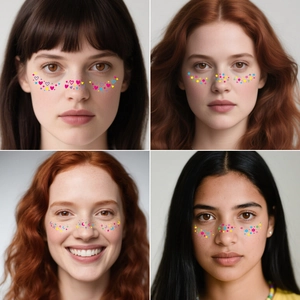 Colorful heart and star face tattoo stickers for women featuring rainbow freckles makeup