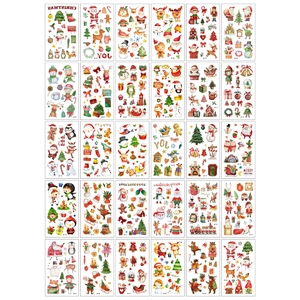 30-piece watercolor Christmas tattoo sticker set with Santa, reindeer and snowman designs