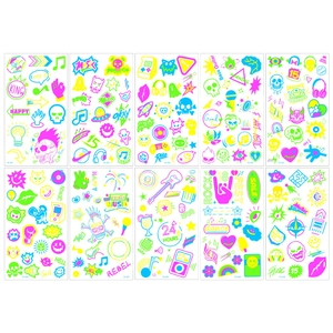 Lot de 10 tatouages fluorescents pour festivals de musique, styles punk et rock néon