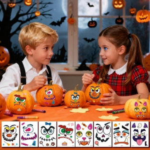 Halloween pumpkin face stickers set with kids decorating pumpkins for spooky party