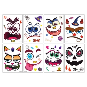 Detail view of 8 different Halloween face stickers with funny pumpkin and ghost designs
