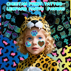 Detailed sheet of cheetah print temporary tattoos featuring heart and star patterns for kids
