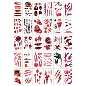 Detailed close-up of 30 Halloween temporary tattoo sheets with realistic scars and wounds