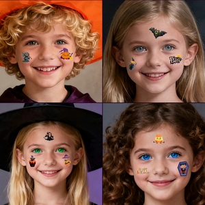 Cartoon Halloween temporary tattoos for kids featuring pumpkin and bat facial designs