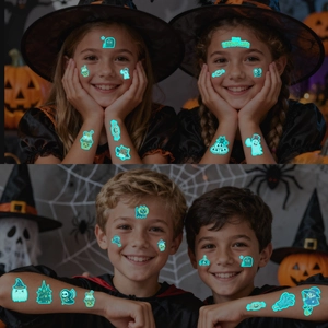 Luminous blue Halloween tattoo stickers featuring pumpkins and ghosts for kids costume party