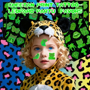 Luminous leopard temporary tattoos for kids featuring green cat, heart and butterfly shapes
