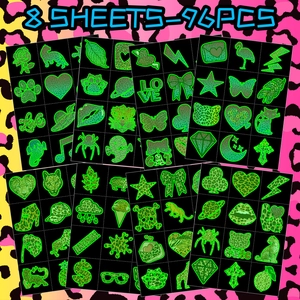 8 sheets of green luminous leopard stickers with hearts, butterflies and neon patterns