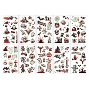 Set of 10 luminous Halloween temporary tattoos with blue glowing pumpkins and ghosts