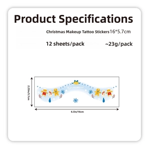 Detailed dimensions of 16x5.7cm Christmas blush tattoo stickers featuring holiday icons