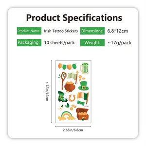 Irish St. Patrick's Day tattoo stickers with shamrocks and gold coins, 10 sheets pack