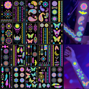 Adesivi per Tatuaggi Temporanei Fluorescenti Neon Farfalla Mandala Impermeabili Decorazione per Festival Musicali Festa Notturna