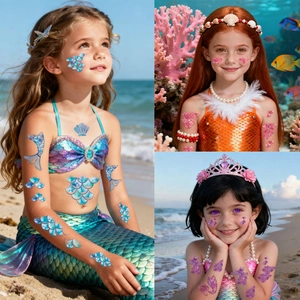 Colorful mermaid scale temporary tattoo stickers for kids with holographic finish