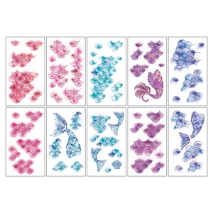 Set of 10 watercolor mermaid fish scale temporary tattoos in purple and blue gradients