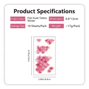 Pink watercolor mermaid fish scale tattoo stickers for women, 10 sheets set 6.8x12cm